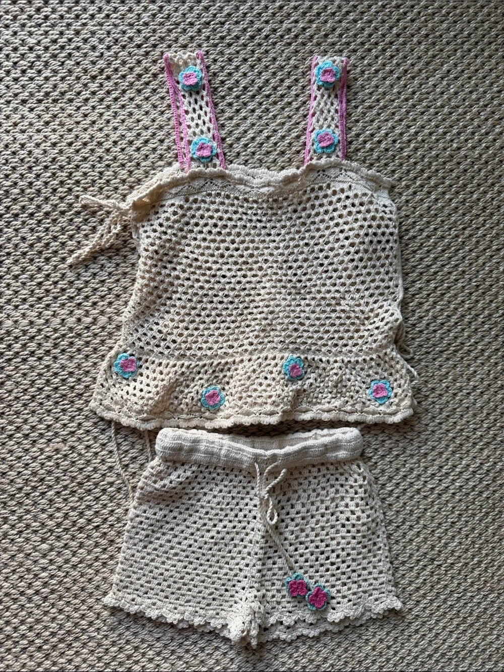 Handmade Crochet Tank Top & Shorts Set - Cream with Pink & Teal Flower Accents
